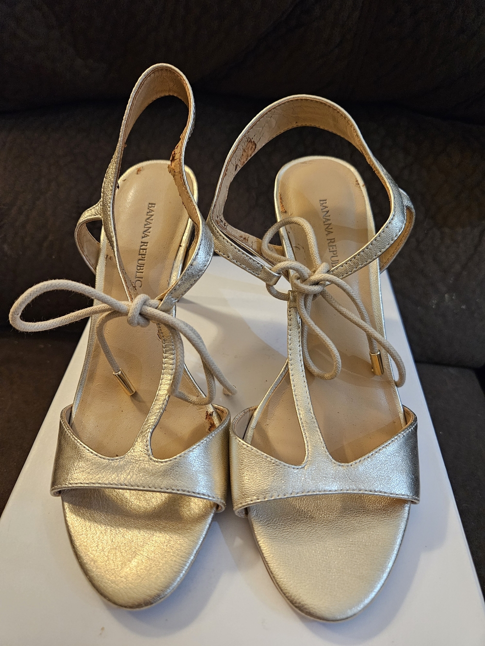 Banana Republic Gold T-Strap Tie Sandals